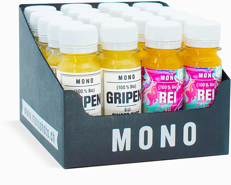 Gripen-Rei-Box mit 10 Ingwershots und 10 Vitamin C Shots. Made in Switzerland.