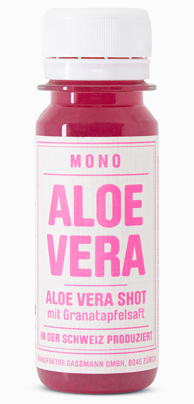 Aloe Vera – Aloe Vera-Shot mit Granatapfelsaft. In der Schweiz produziert, 60ml.