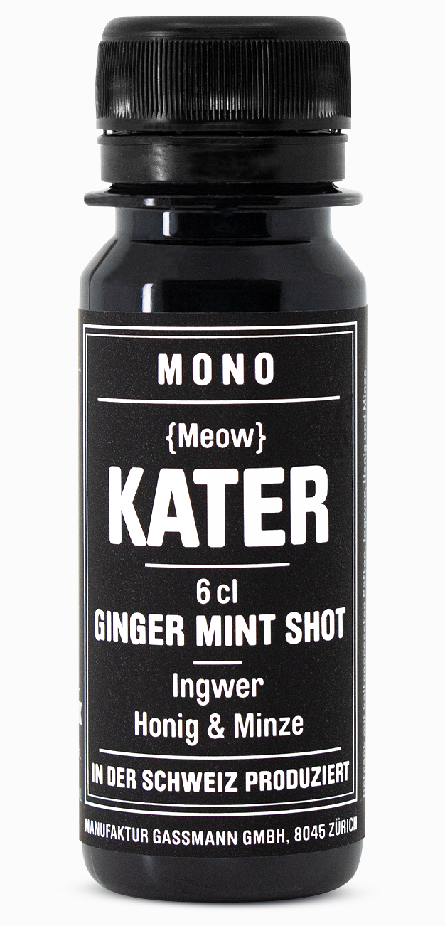 Kater – Aktivkohle-Shot aus Ingwer, Minze, Apfelsaft und Aktivkohle. Produziert in der Schweiz, 60ml.